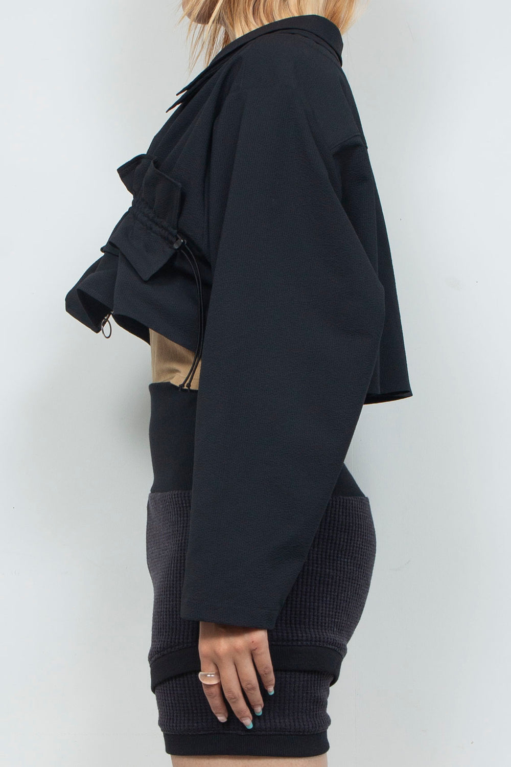 Frill Gathered Cropped Shirt Jacket Black