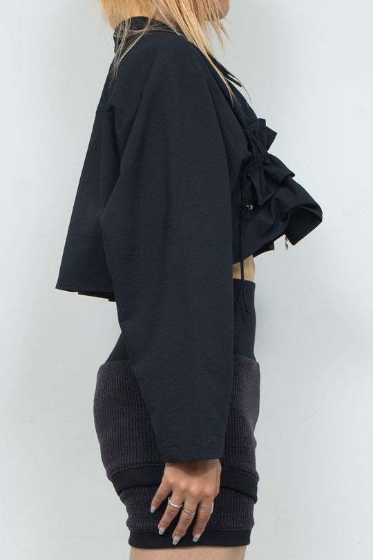 Frill Gathered Cropped Shirt Jacket Black