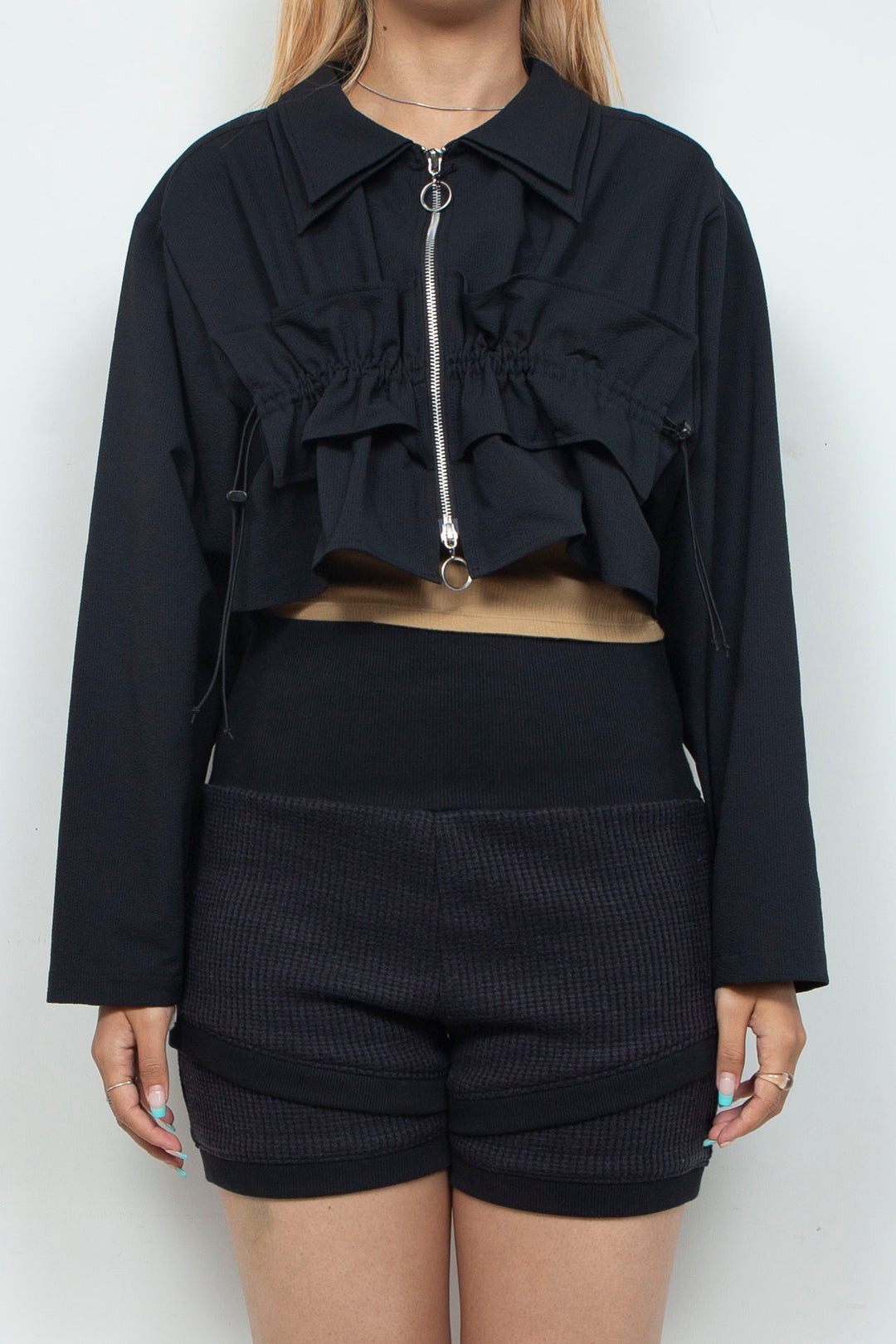 Frill Gathered Cropped Shirt Jacket Black