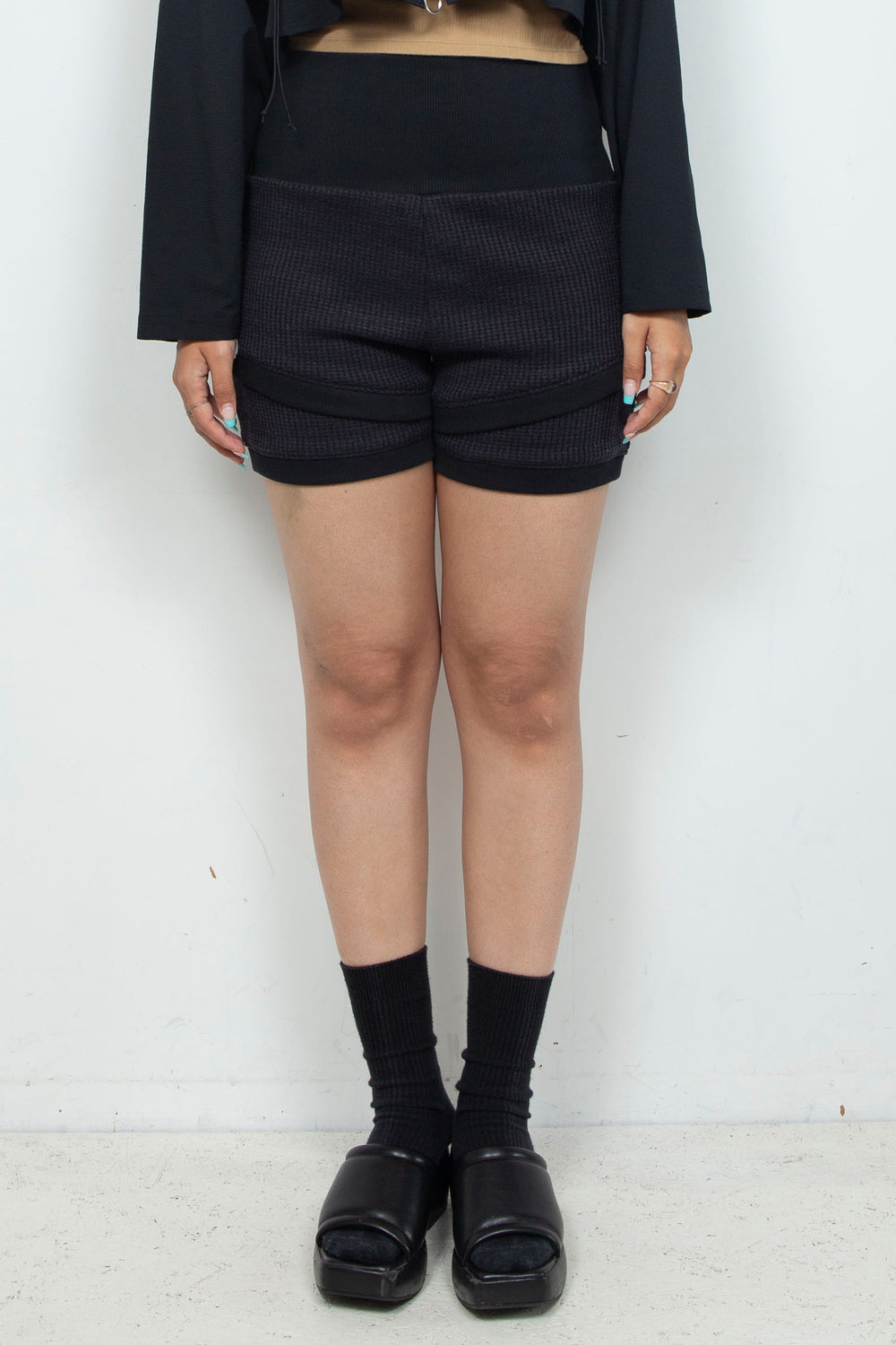 Waffle Knit Layered Shorts Black