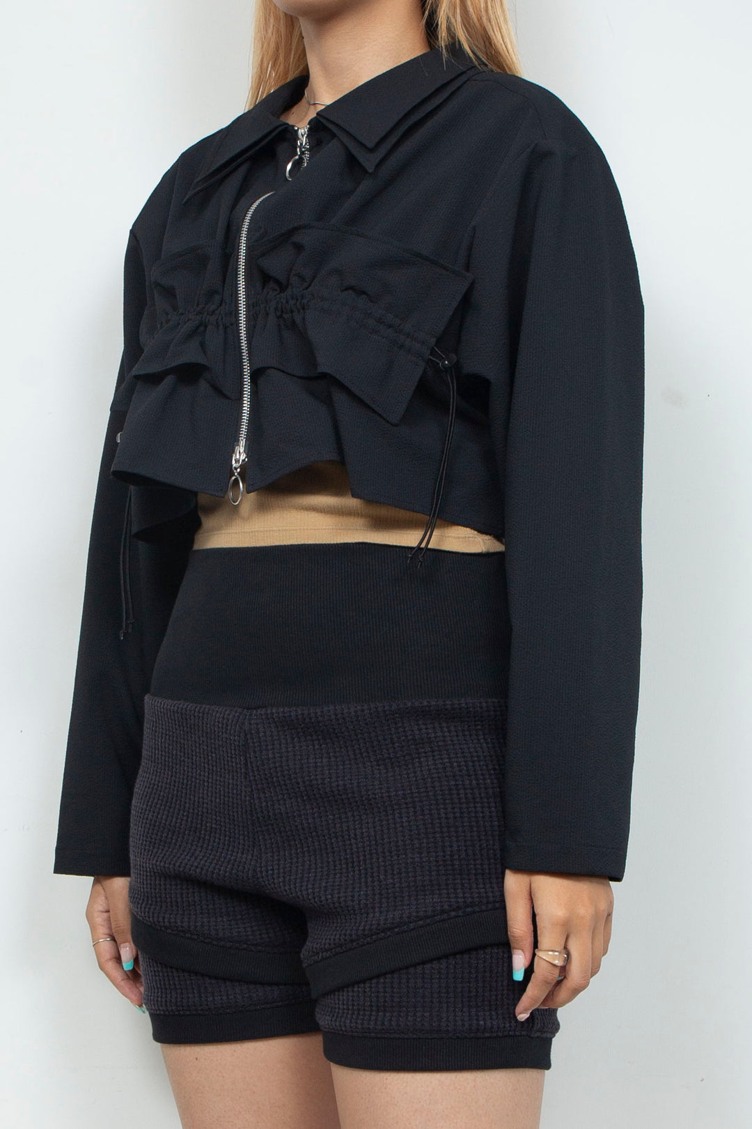Frill Gathered Cropped Shirt Jacket Black