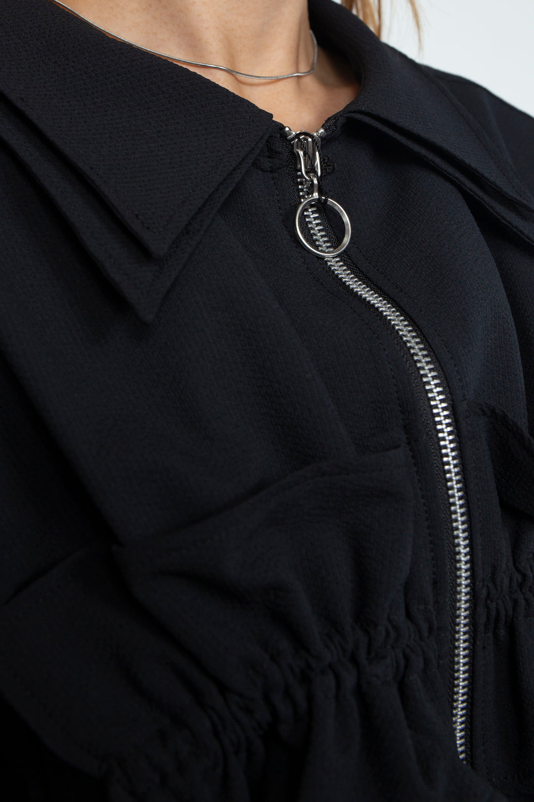 Frill Gathered Cropped Shirt Jacket Black