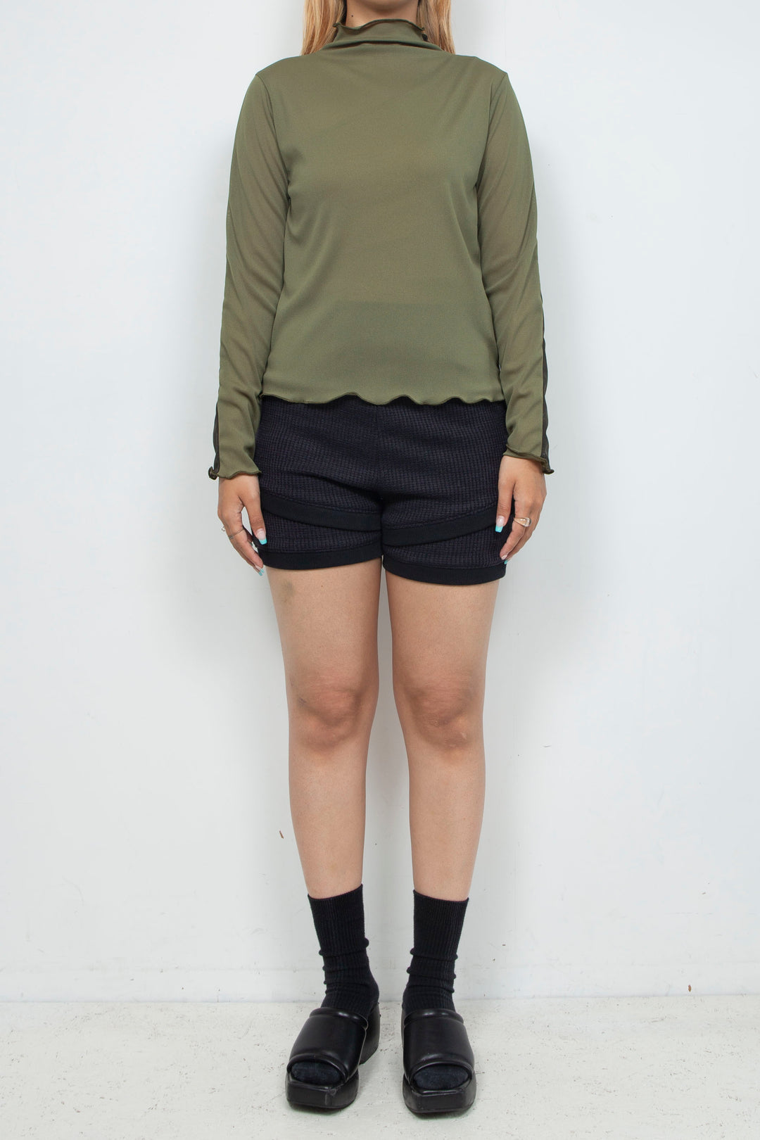 Bicolor High Neck Sheer Top Green / Khaki