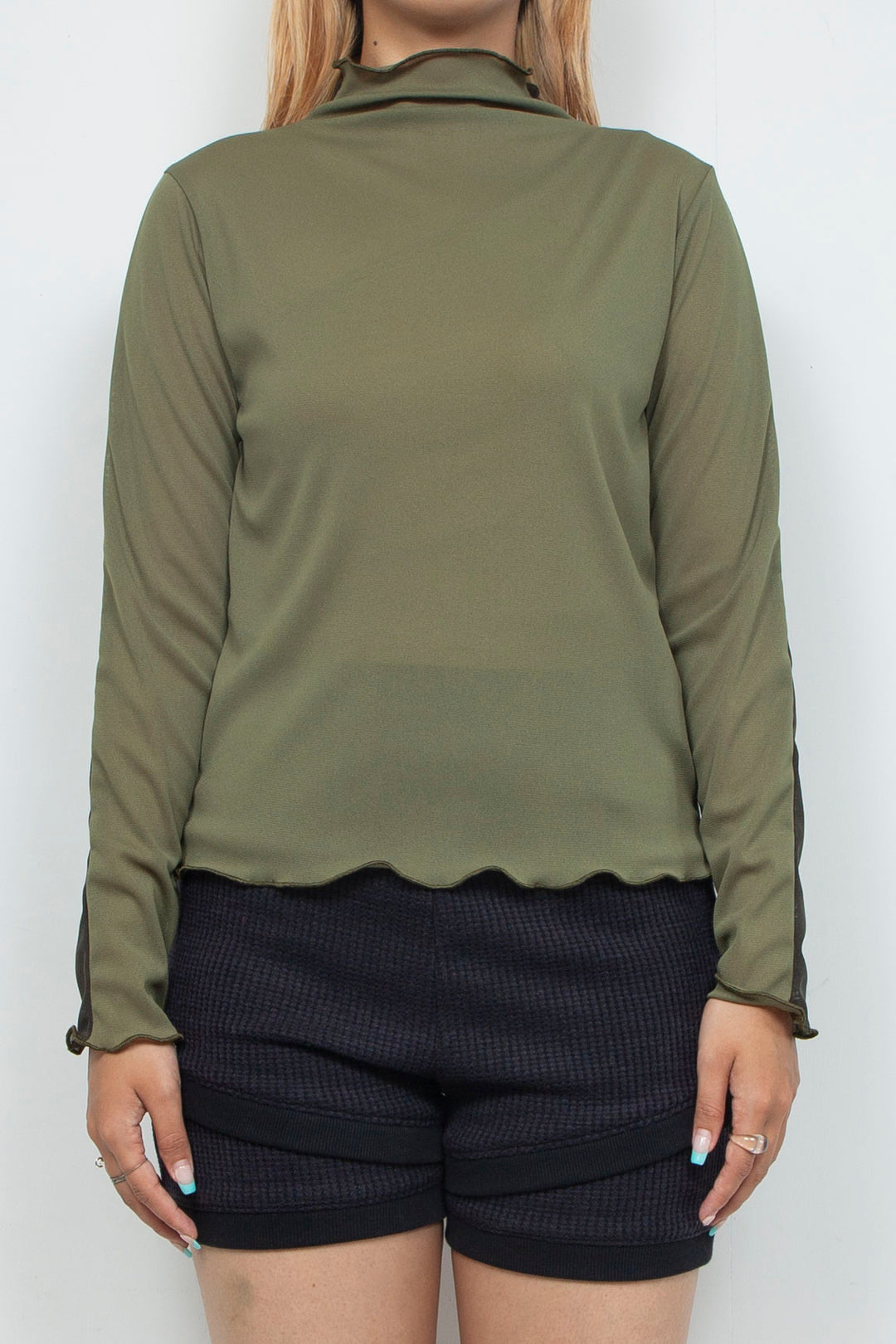 Bicolor High Neck Sheer Top Green / Khaki