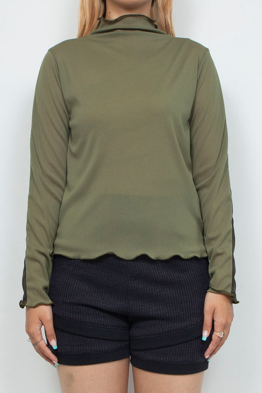 Bicolor High Neck Sheer Top Green / Khaki