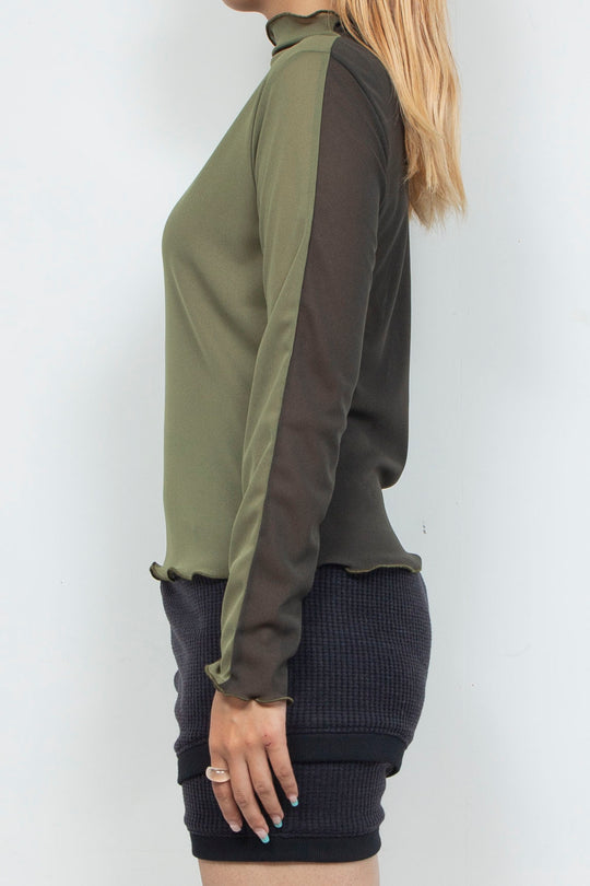 Bicolor High Neck Sheer Top Green / Khaki