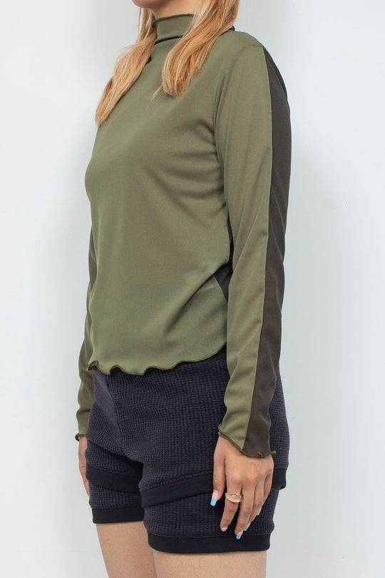 Bicolor High Neck Sheer Top Green / Khaki