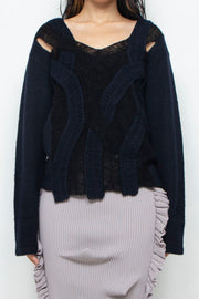 Wool Mohair Crochet Knit Tops Black