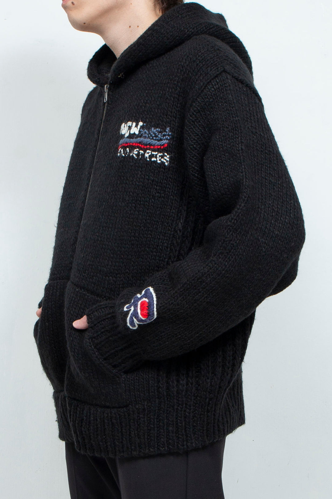 Hand Knit Zip Up Hooded Sweater HEATHER BLACK