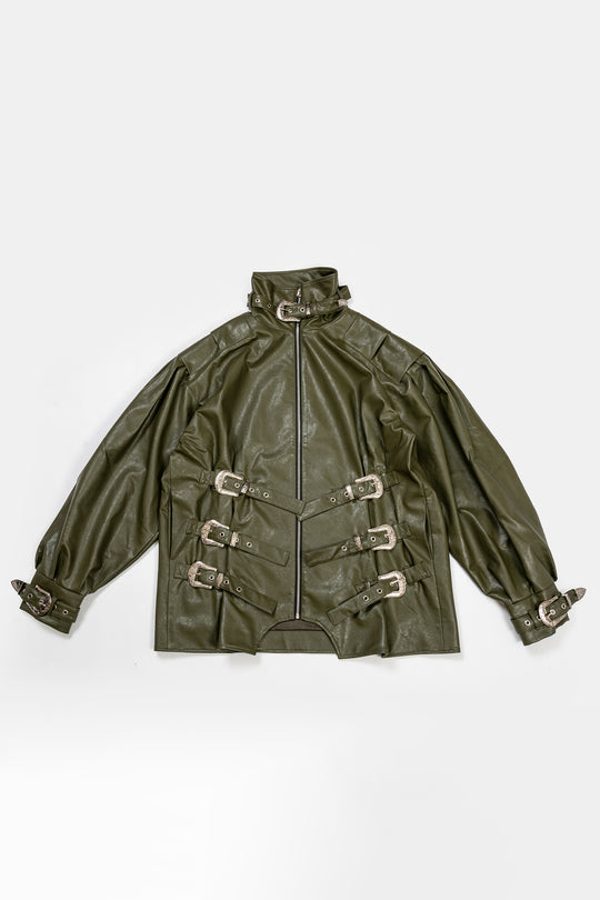 Dark green iron buckle silhouette retro leather jacket