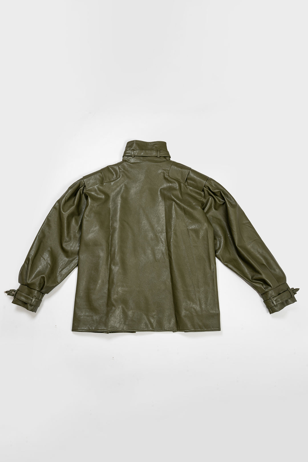 Dark green iron buckle silhouette retro leather jacket