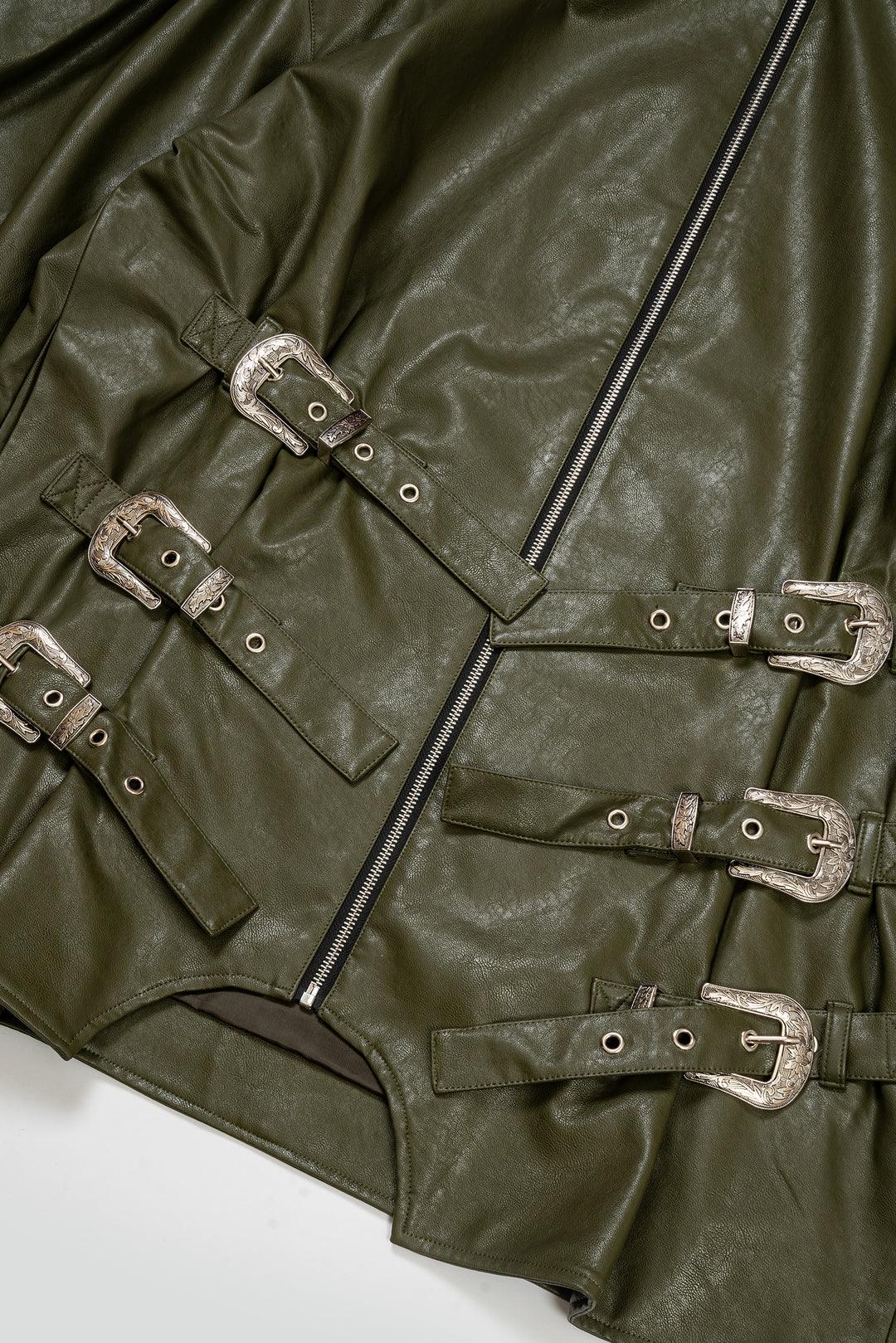 Dark green iron buckle silhouette retro leather jacket