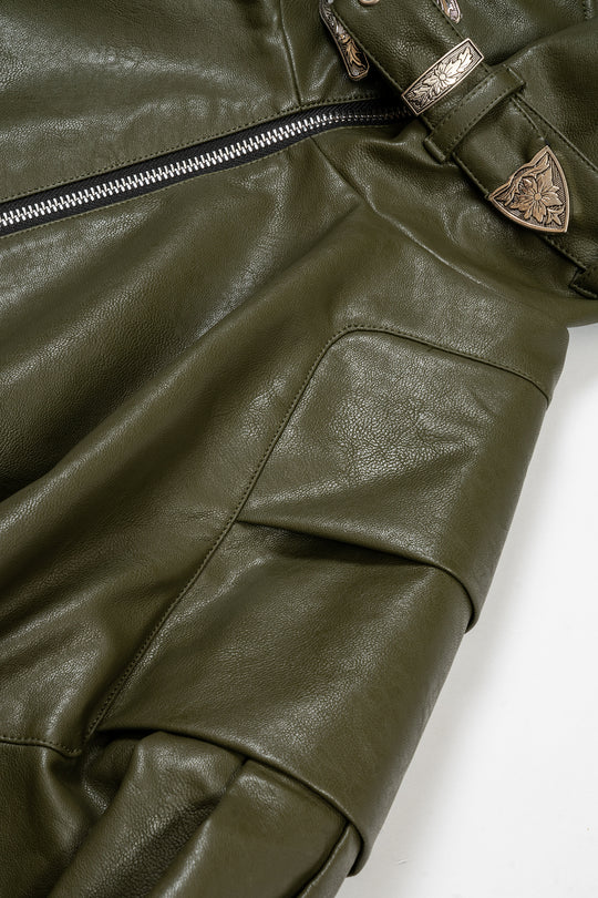 Dark green iron buckle silhouette retro leather jacket