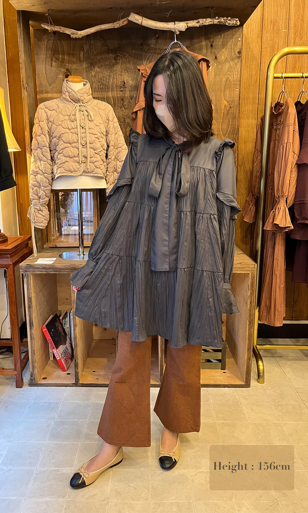 ritsu Ribbon tie crinkled mini dresscharcoal gray