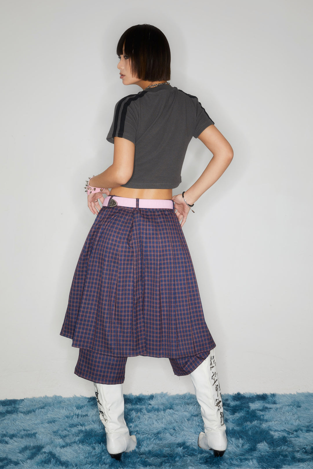 Checkered multi-layer buttoned skirt pants