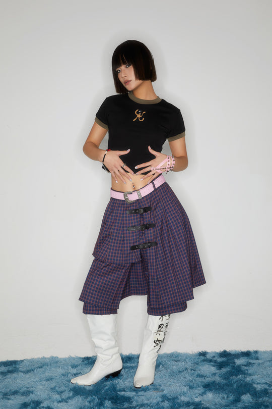 Checkered multi-layer buttoned skirt pants