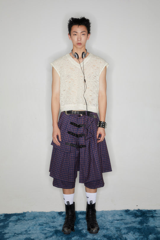 Checkered multi-layer buttoned skirt pants