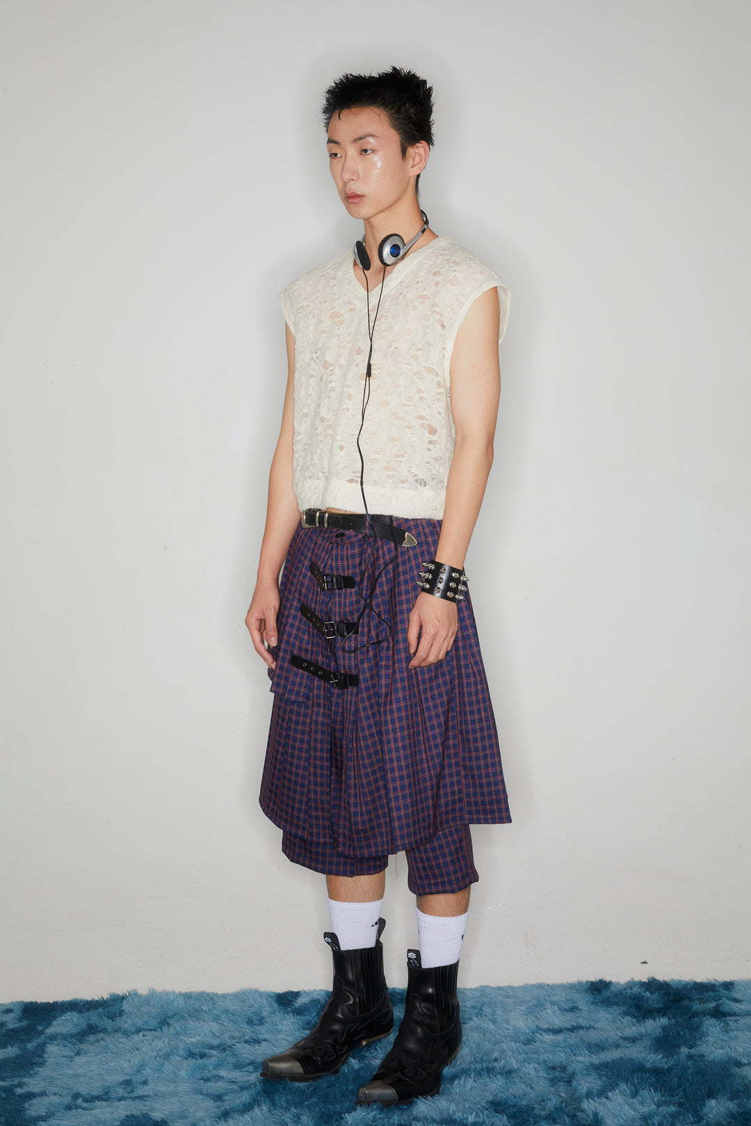 Checkered multi-layer buttoned skirt pants