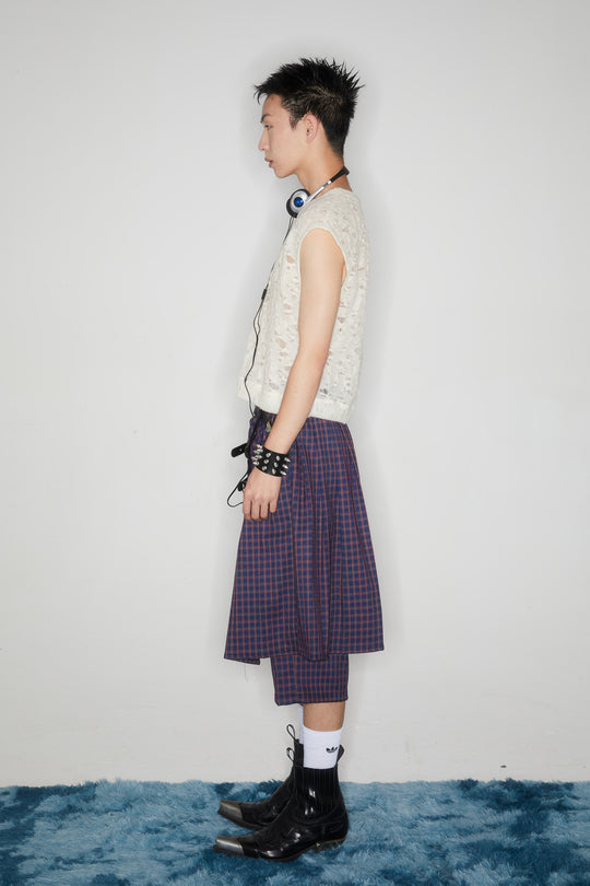 Checkered multi-layer buttoned skirt pants