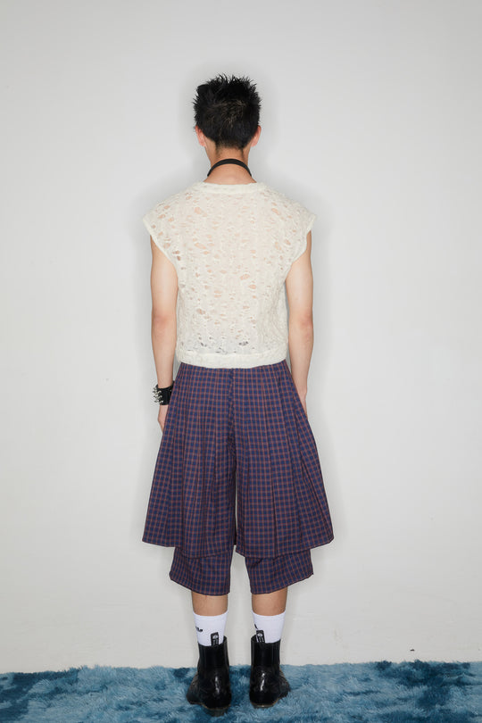 Checkered multi-layer buttoned skirt pants