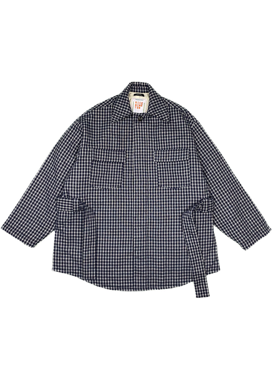 PADDED DRAWSTRING SHIRT JACKET NAVY CHECK