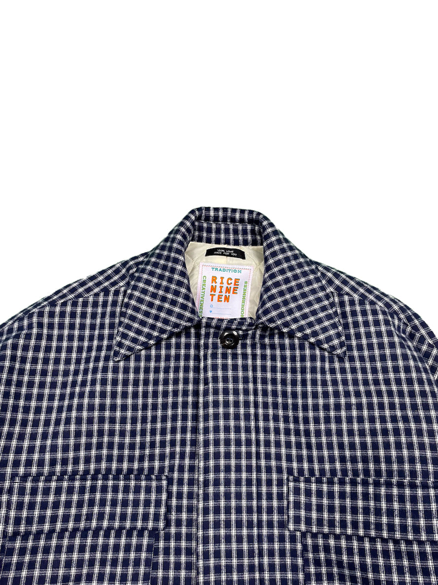 PADDED DRAWSTRING SHIRT JACKET NAVY CHECK