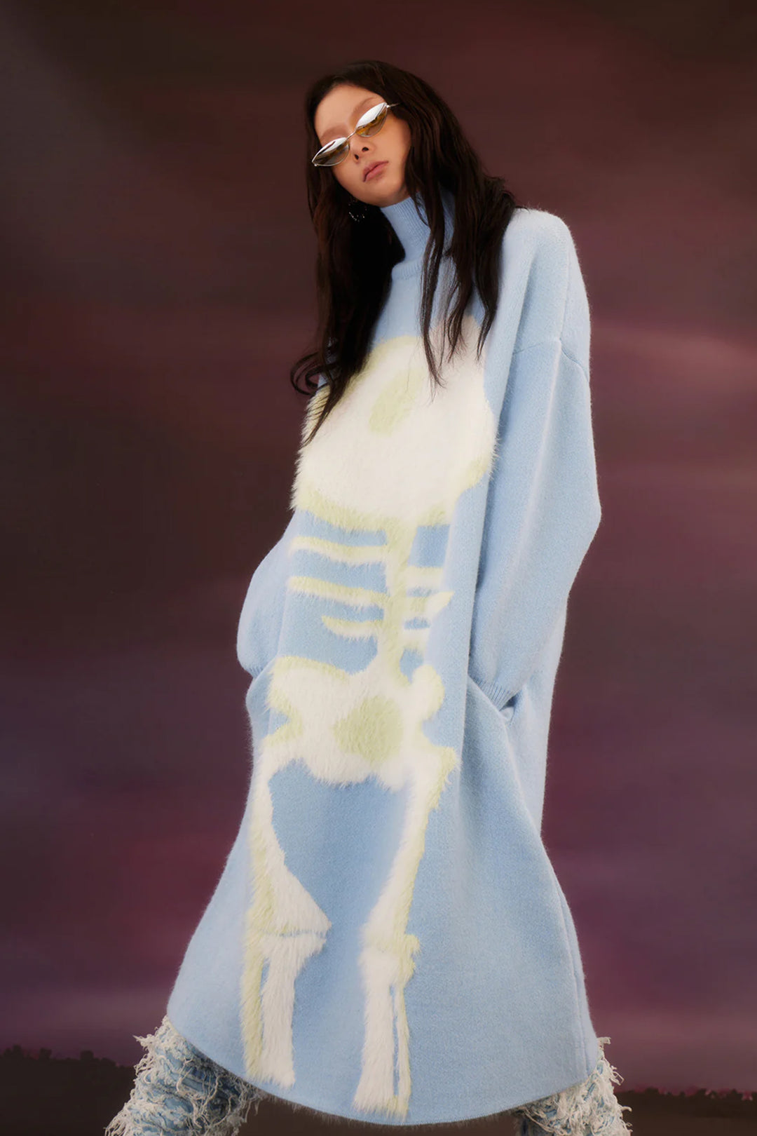 Light blue fishbone long sweater
