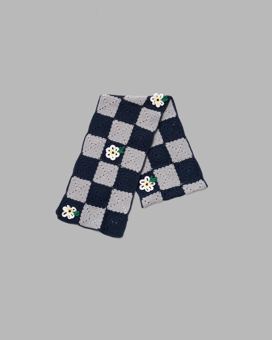 LUFON CROCHET FLOWER MOTIF HAND KNIT STOLE - NAVY / GREY