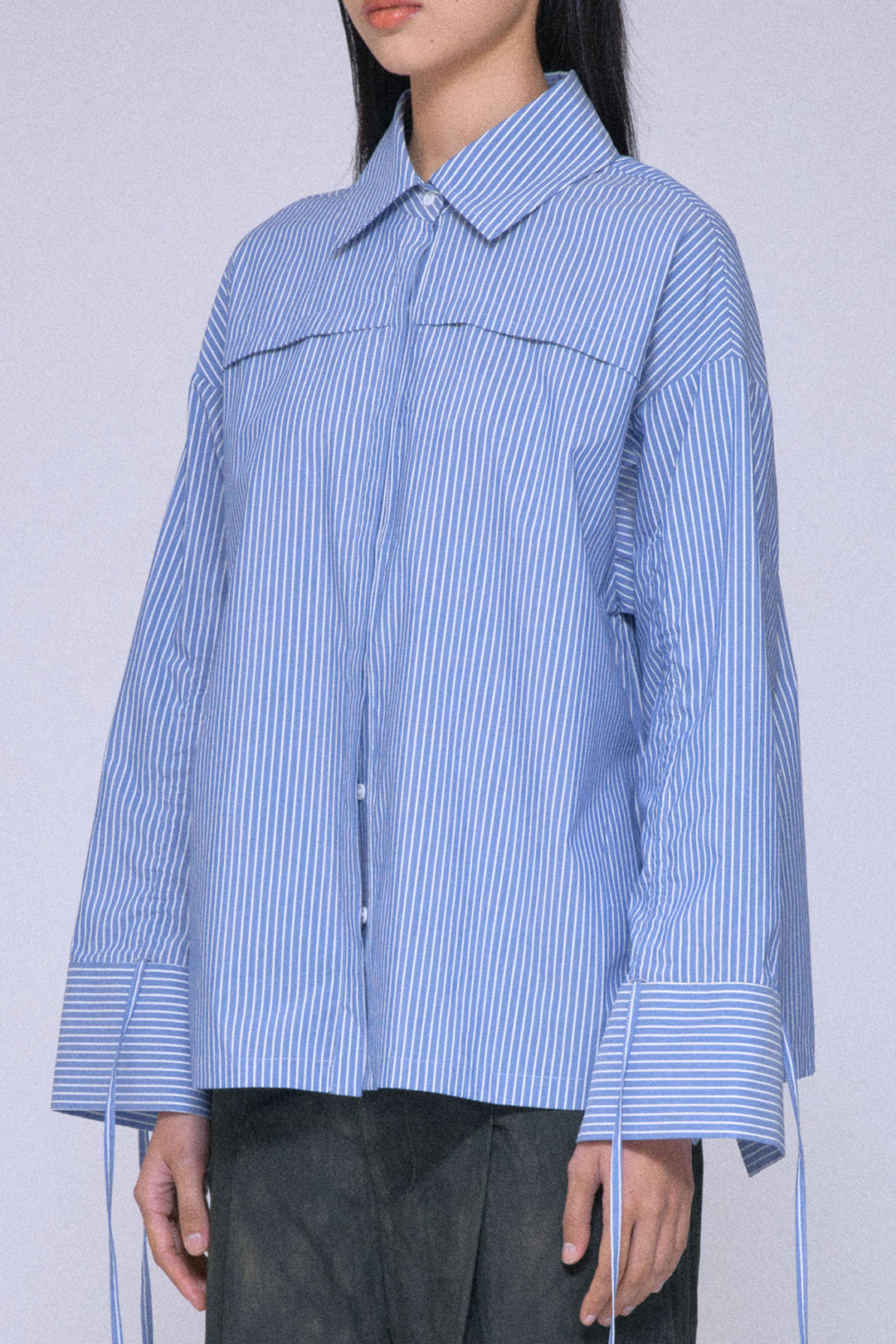 2Way Drawstring Sleeve Shirt Blue Stripe