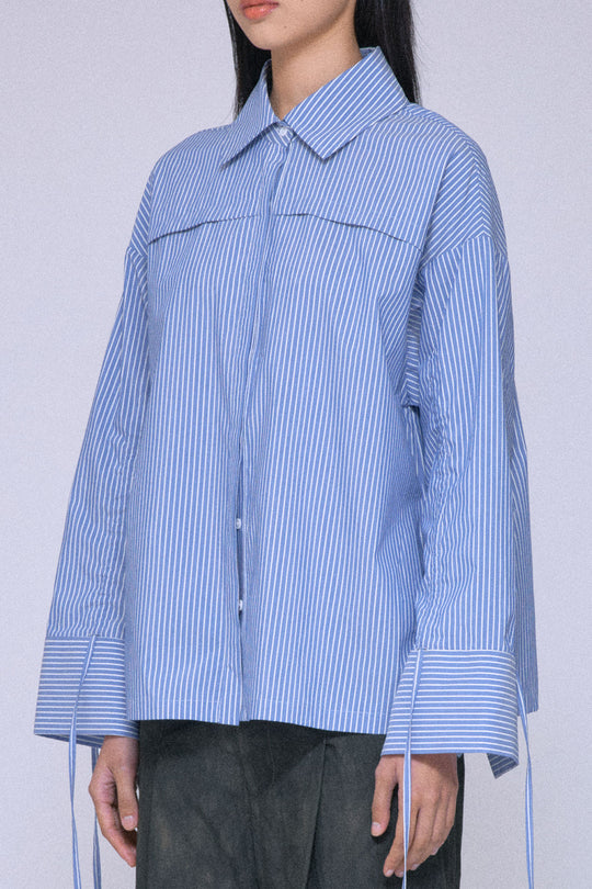 2Way Drawstring Sleeve Shirt Blue Stripe