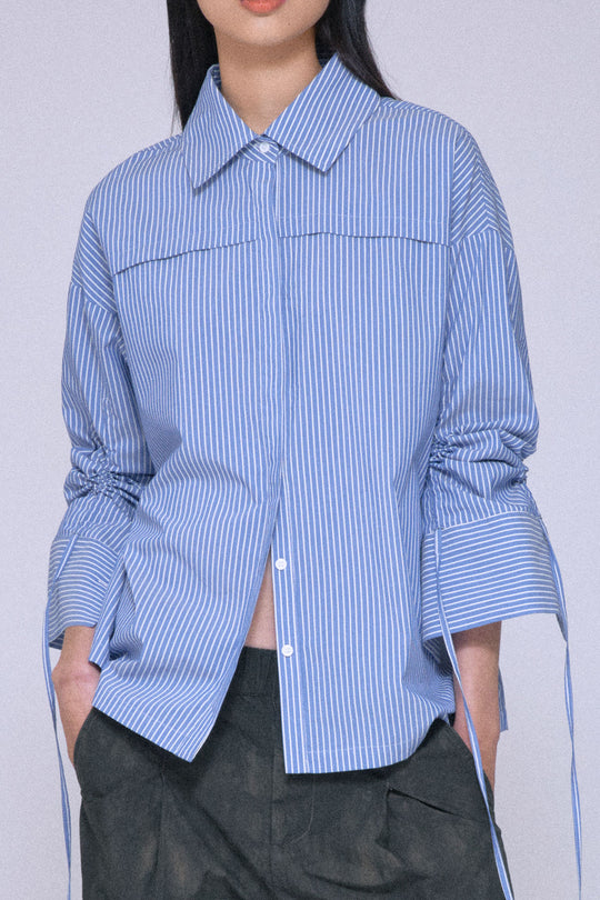 2Way Drawstring Sleeve Shirt Blue Stripe