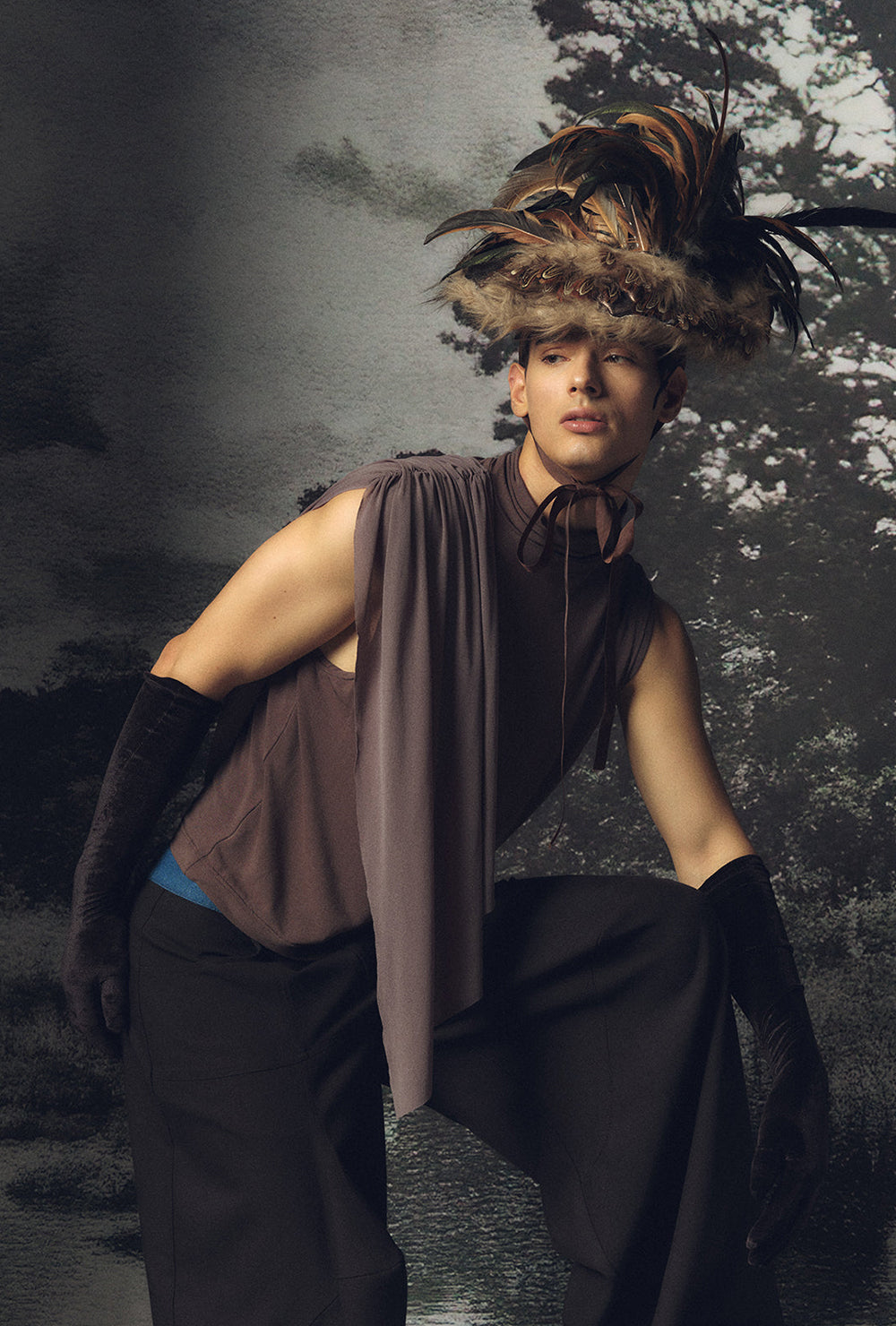 Two tone ribbon high neck vest Gray