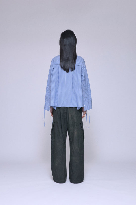 2Way Drawstring Sleeve Shirt Blue Stripe