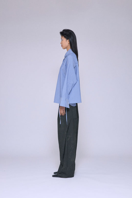 2Way Drawstring Sleeve Shirt Blue Stripe