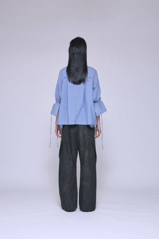 2Way Drawstring Sleeve Shirt Blue Stripe