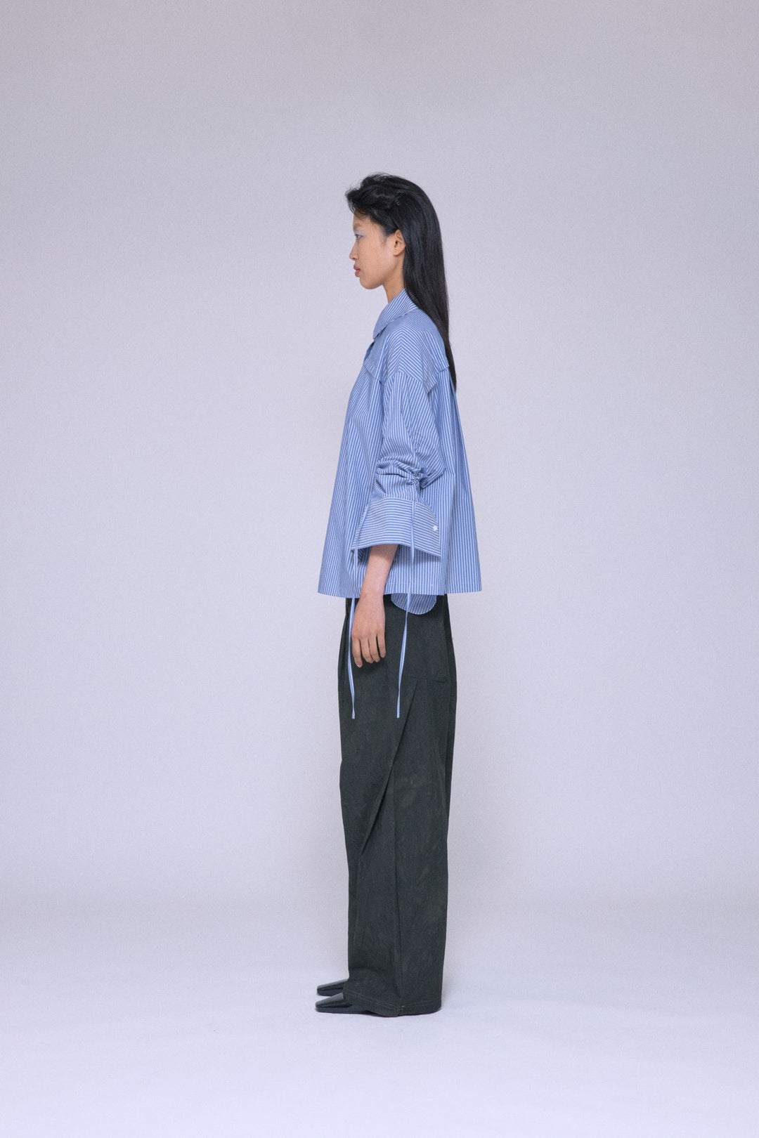 2Way Drawstring Sleeve Shirt Blue Stripe