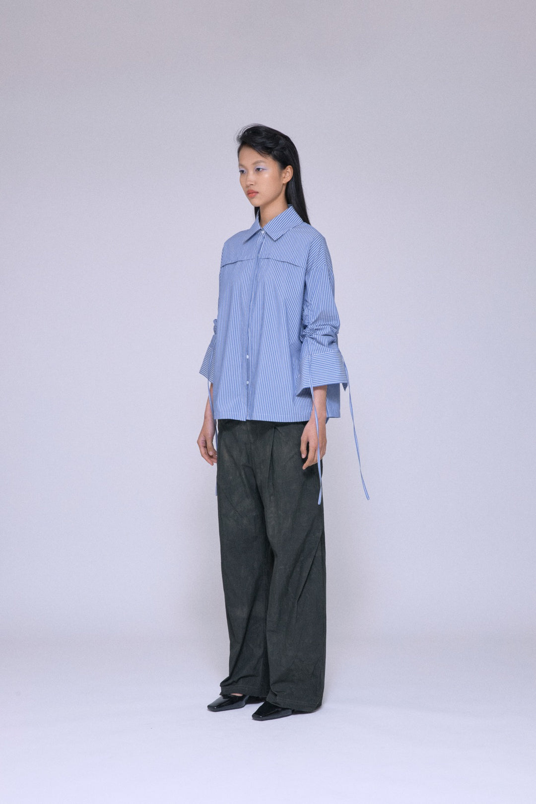 2Way Drawstring Sleeve Shirt Blue Stripe