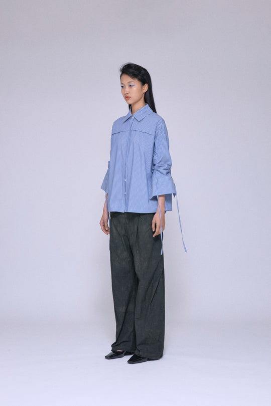2Way Drawstring Sleeve Shirt Blue Stripe