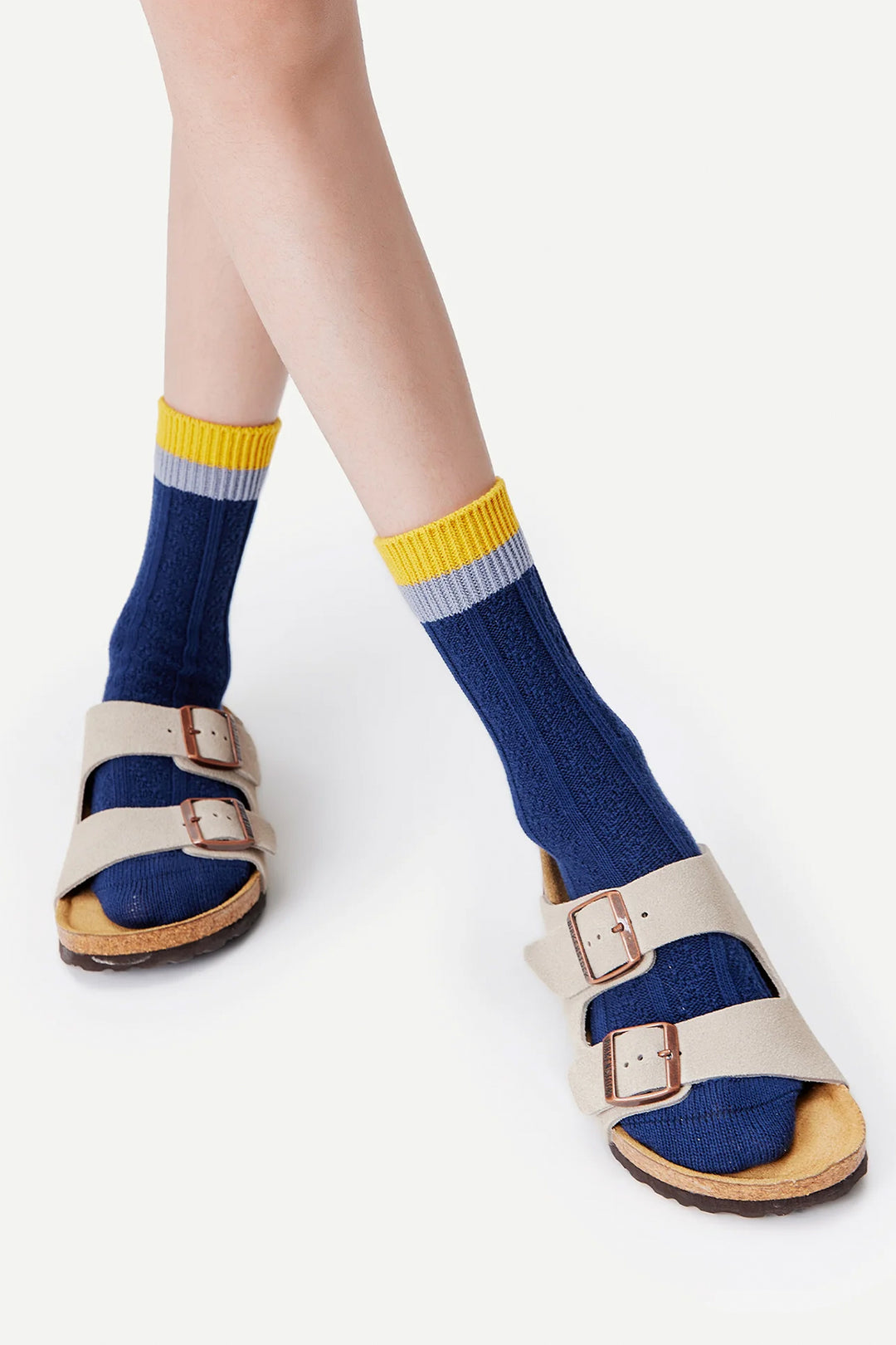 Contrast Cuff Combed Cotton Crew Socks Navy
