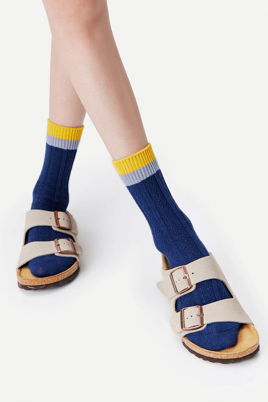 Contrast Cuff Combed Cotton Crew Socks Navy
