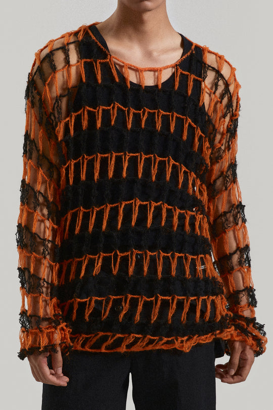 Fishing net large hollow out two-color sweater