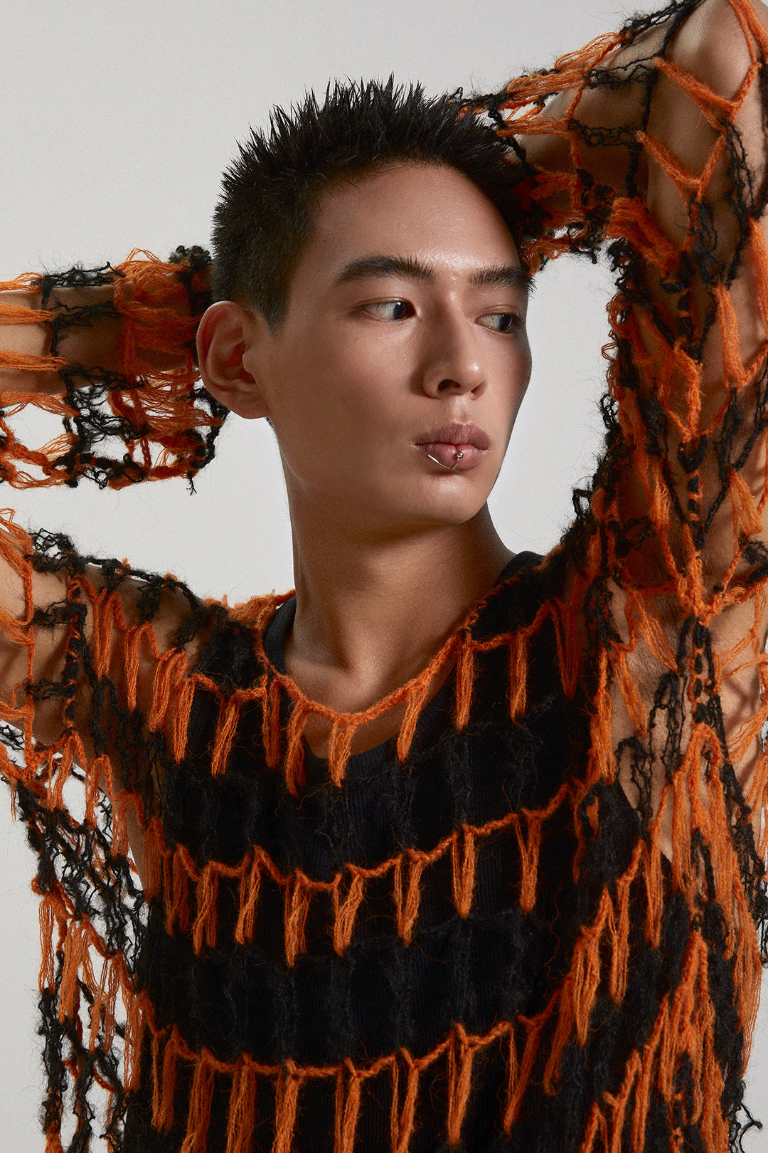 Fishing net large hollow out two-color sweater