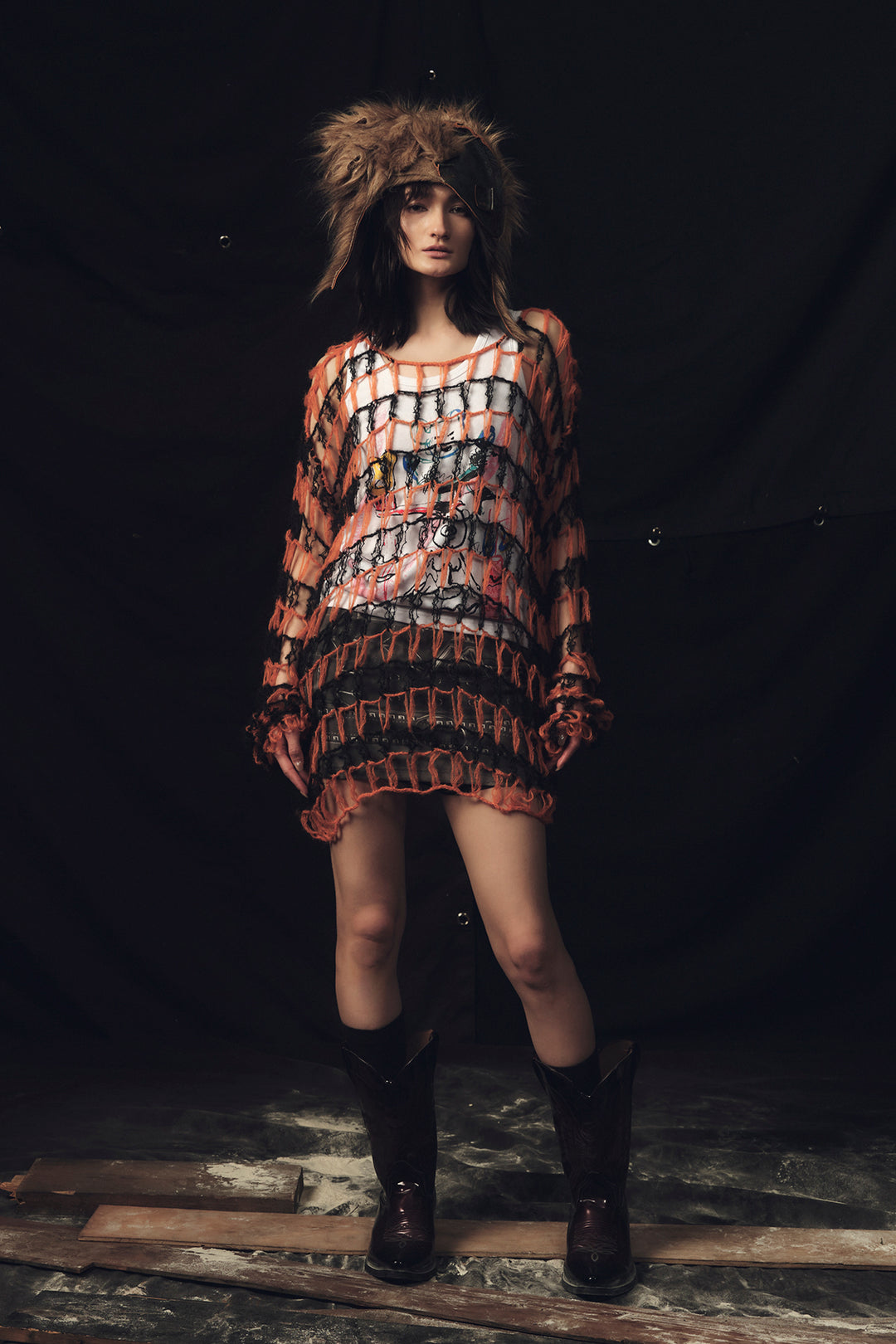 Fishing net large hollow out two-color sweater