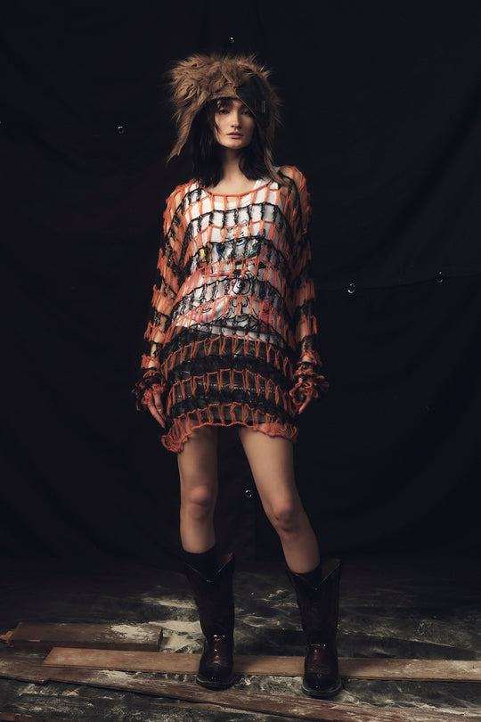 Fishing net large hollow out two-color sweater