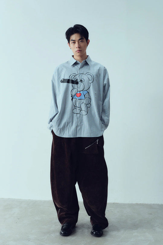 Pinocchio Bear Printed Checkered Shirt