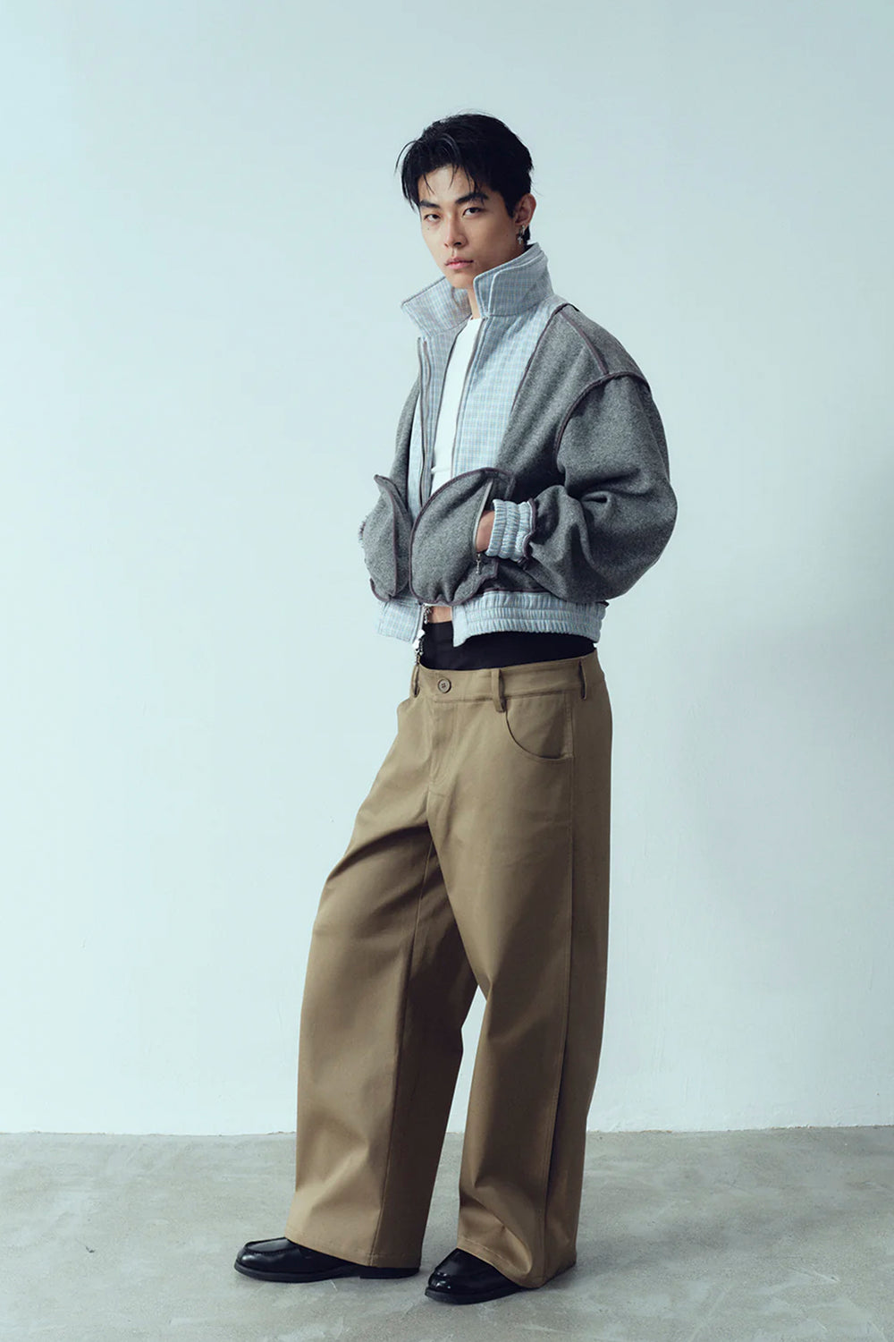 Checkered double-layer collar short jacket