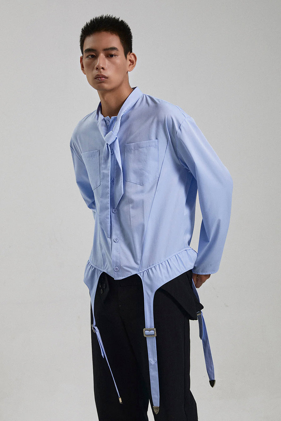 Blue suspender socks design bow tie shirt