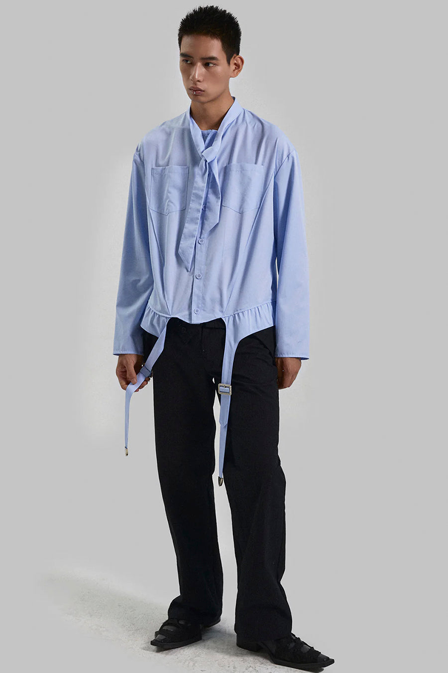 Blue suspender socks design bow tie shirt