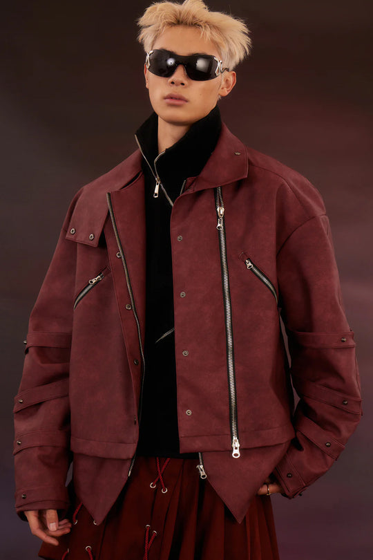 Burgundy oversized leather jacket