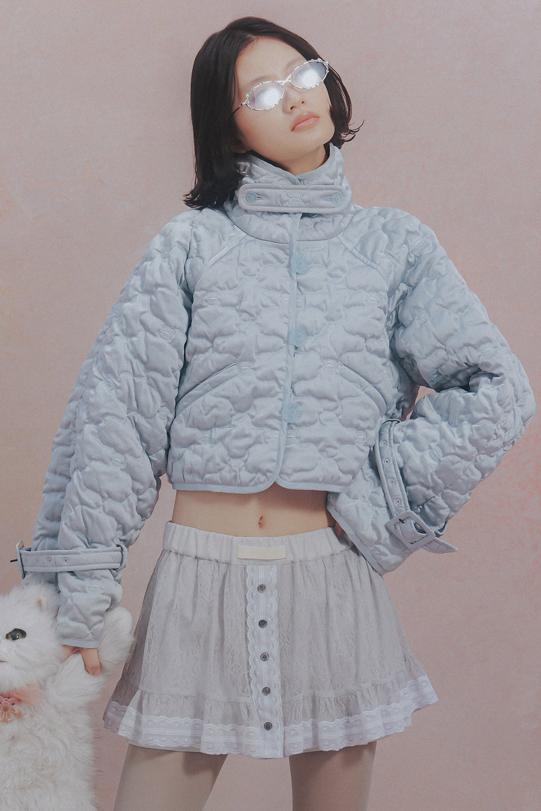 Sazanka cropped quilted satin jacket Ice gray